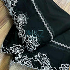 Voile Lawn black  Scalloped Dupatta with White  Embroidery | black  lawn Cutwork Dupatta