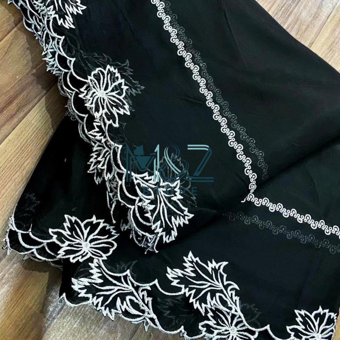 Voile Lawn black  Scalloped Dupatta with White  Embroidery | black  lawn Cutwork Dupatta