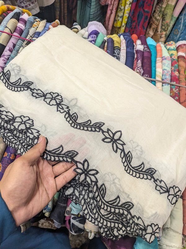Cream Voile Lawn Cutwork Dupatta with Black Scallop  Embroidery Border – 2.5 yards