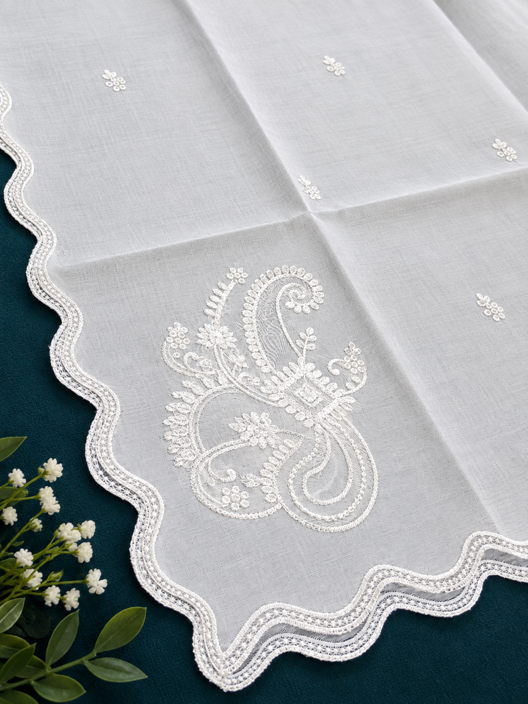 White Voile Lawn four Sided Scallop Dupatta with White Embroidery – Dyeable  2.75 yards