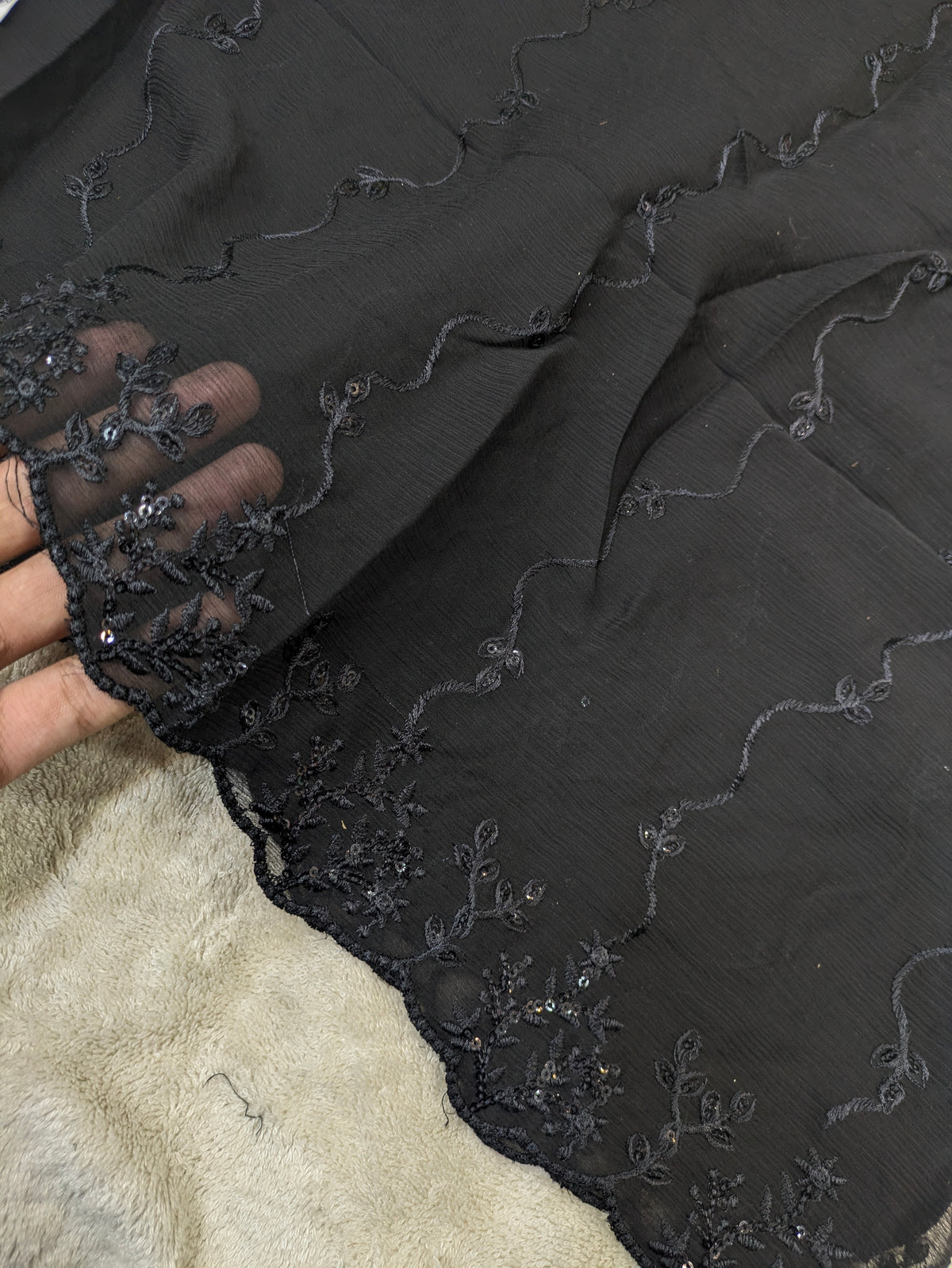 Elegant Black Chiffon Dupatta with Black Embroidery & Sequin Work – 2.3 Yards