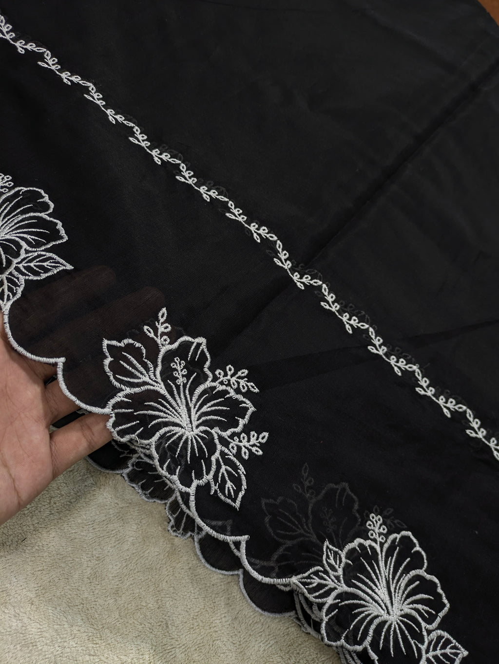 Voile Lawn black  Scalloped Dupatta with White  Embroidery | black  lawn Cutwork Dupatta 2.5 yards length