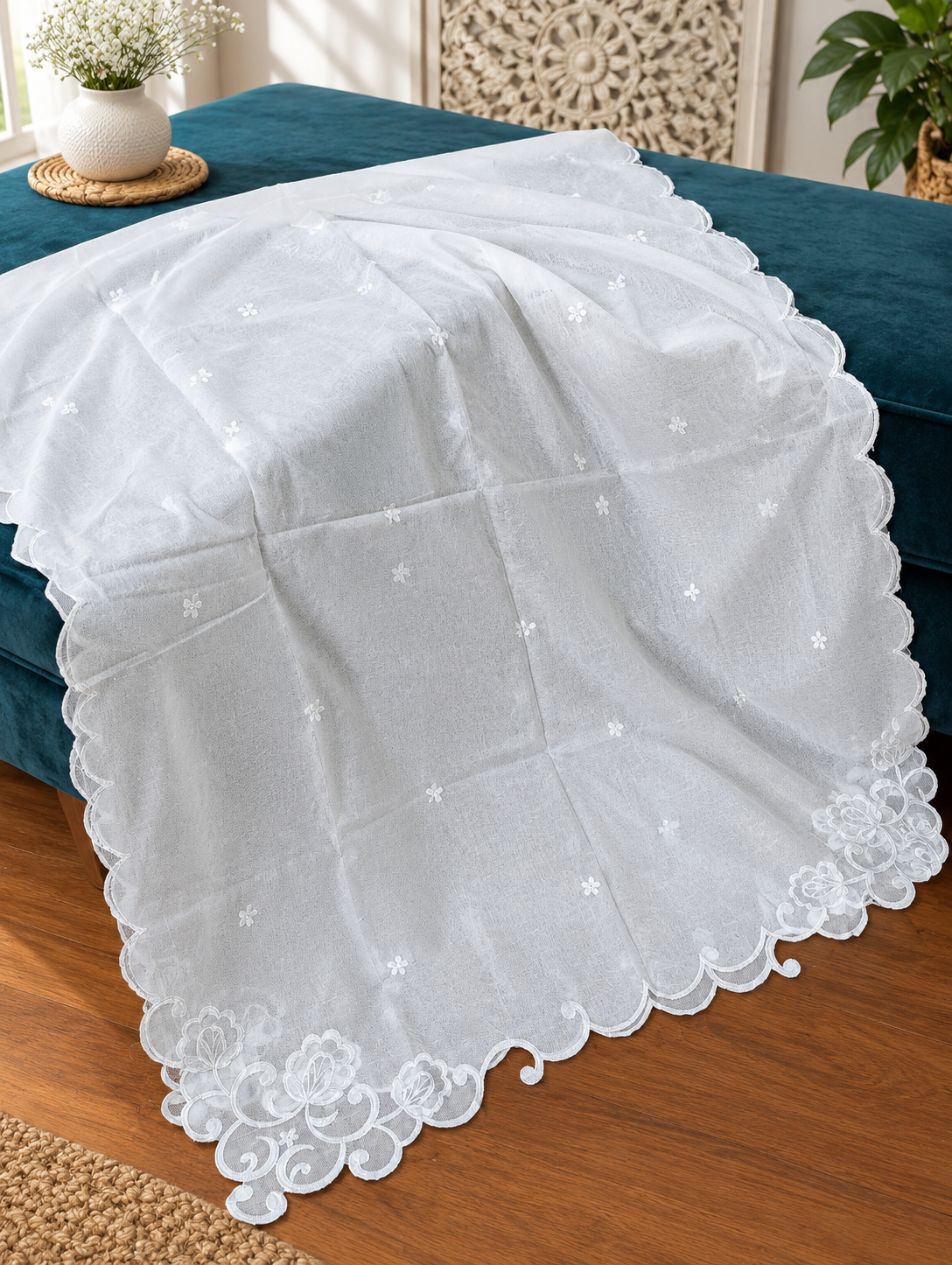 White Voile Lawn four Sided Scallop Dupatta with White Embroidery – Dyeable  2.75 yards