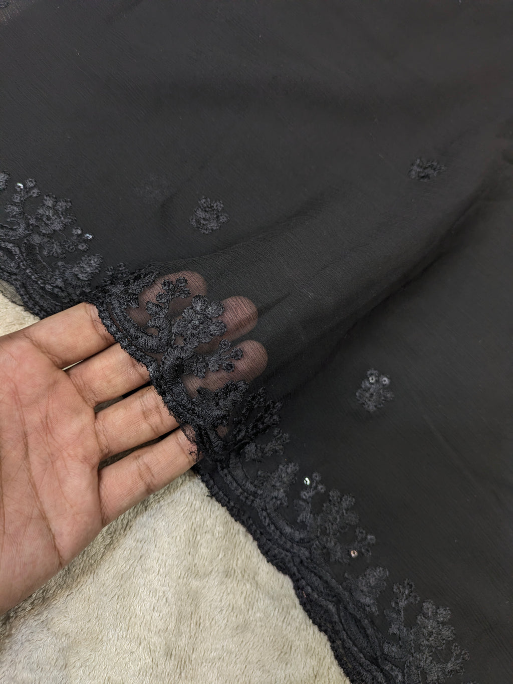 Elegant Black Chiffon Dupatta with Black Embroidery & Sequin Work – 2.3 Yards