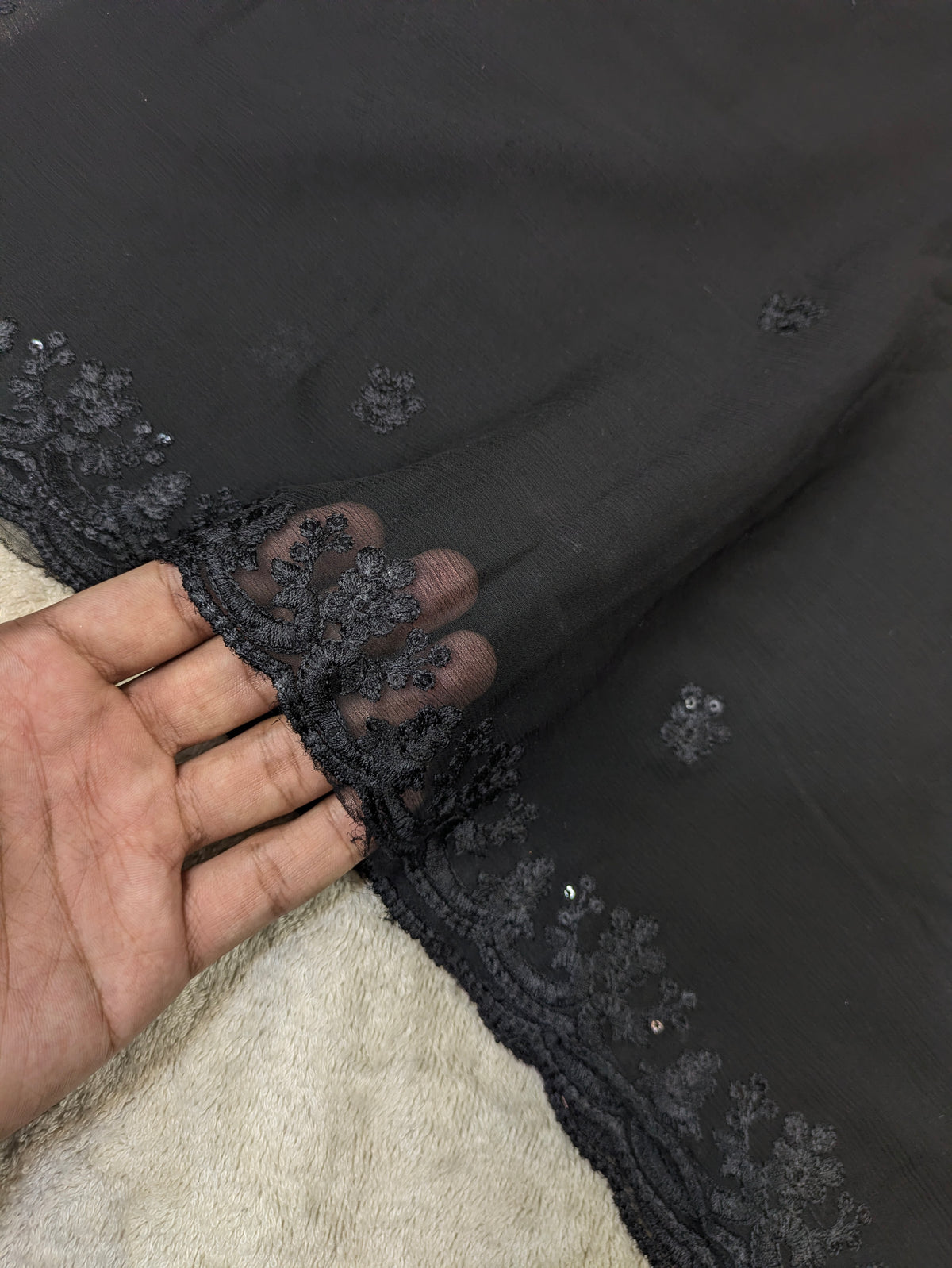 Elegant Black Chiffon Dupatta with Black Embroidery & Sequin Work – 2.3 Yards