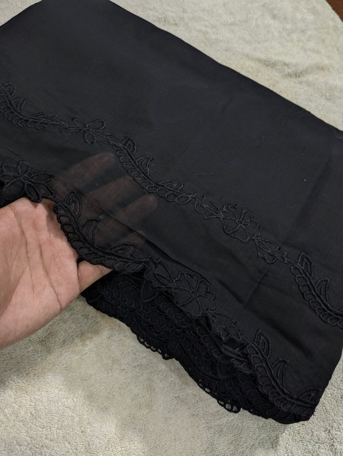 Voile Lawn black  Scalloped Dupatta with black    Embroidery | black lawn Cutwork Dupatta 2.5 yards length