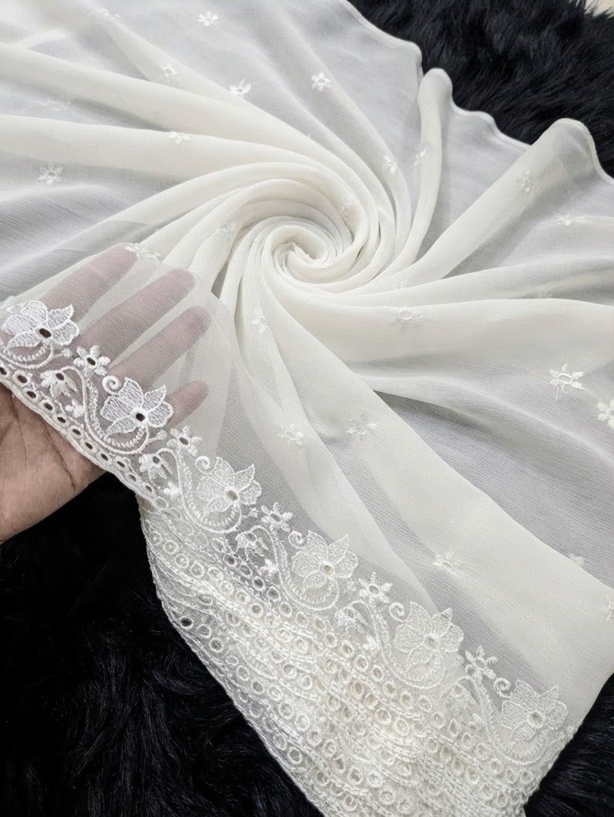 Semi Pure Chiffon White Embroidered Dupatta