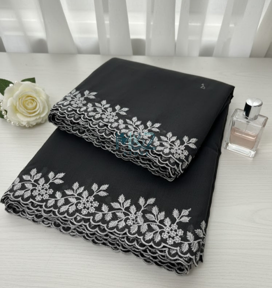 Voile Lawn black  Scalloped Dupatta with golden   Embroidery | black lawn Cutwork Dupatta