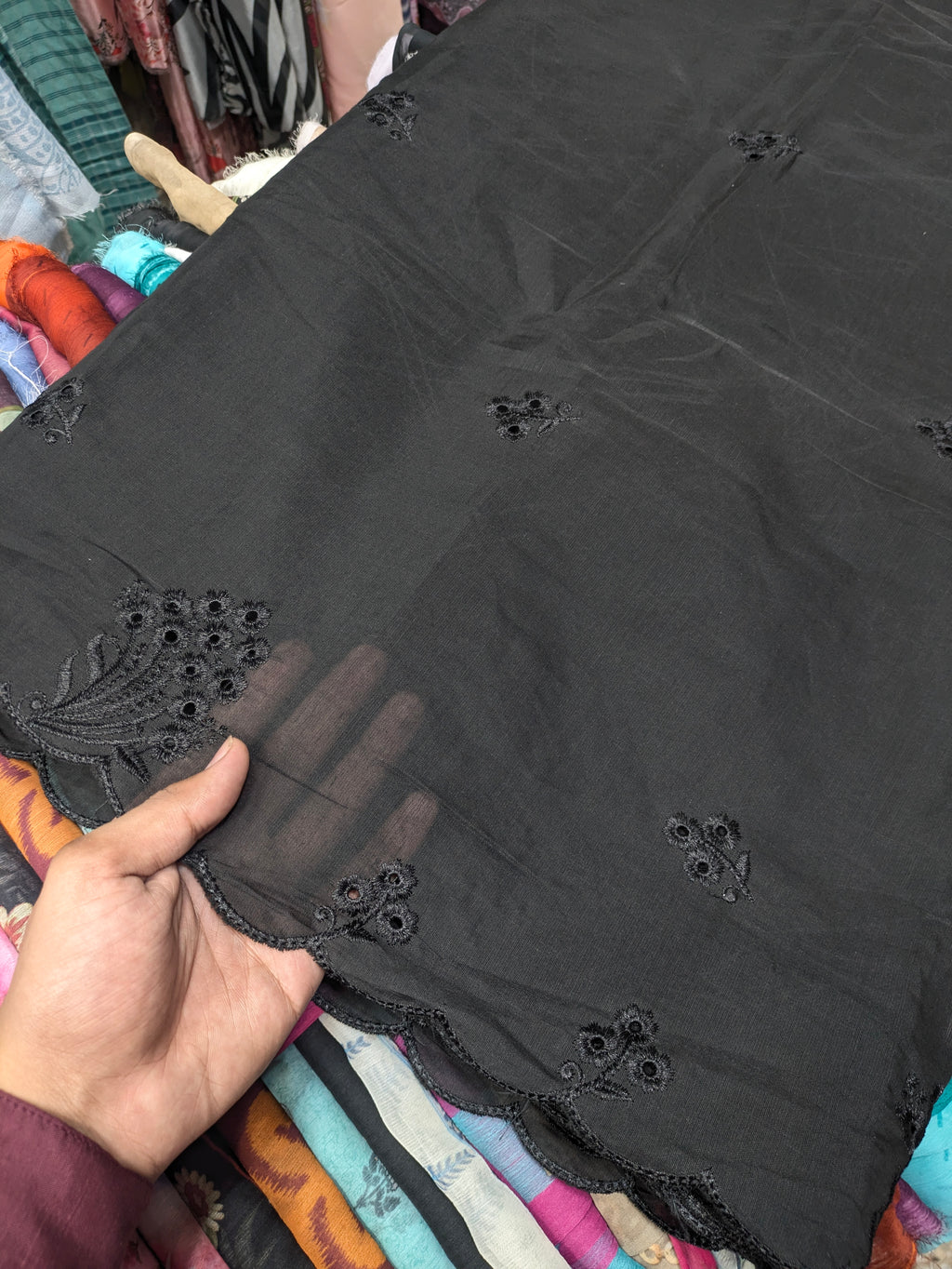 Voile Lawn black  Scalloped Dupatta with black    Embroidery | black lawn Cutwork Dupatta