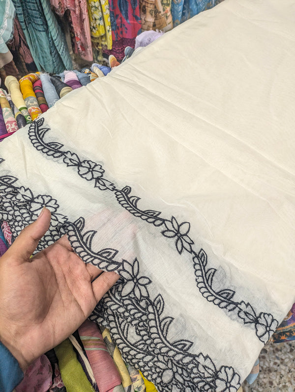 Cream Voile Lawn Cutwork Dupatta with Black Scallop  Embroidery Border – 2.5 yards
