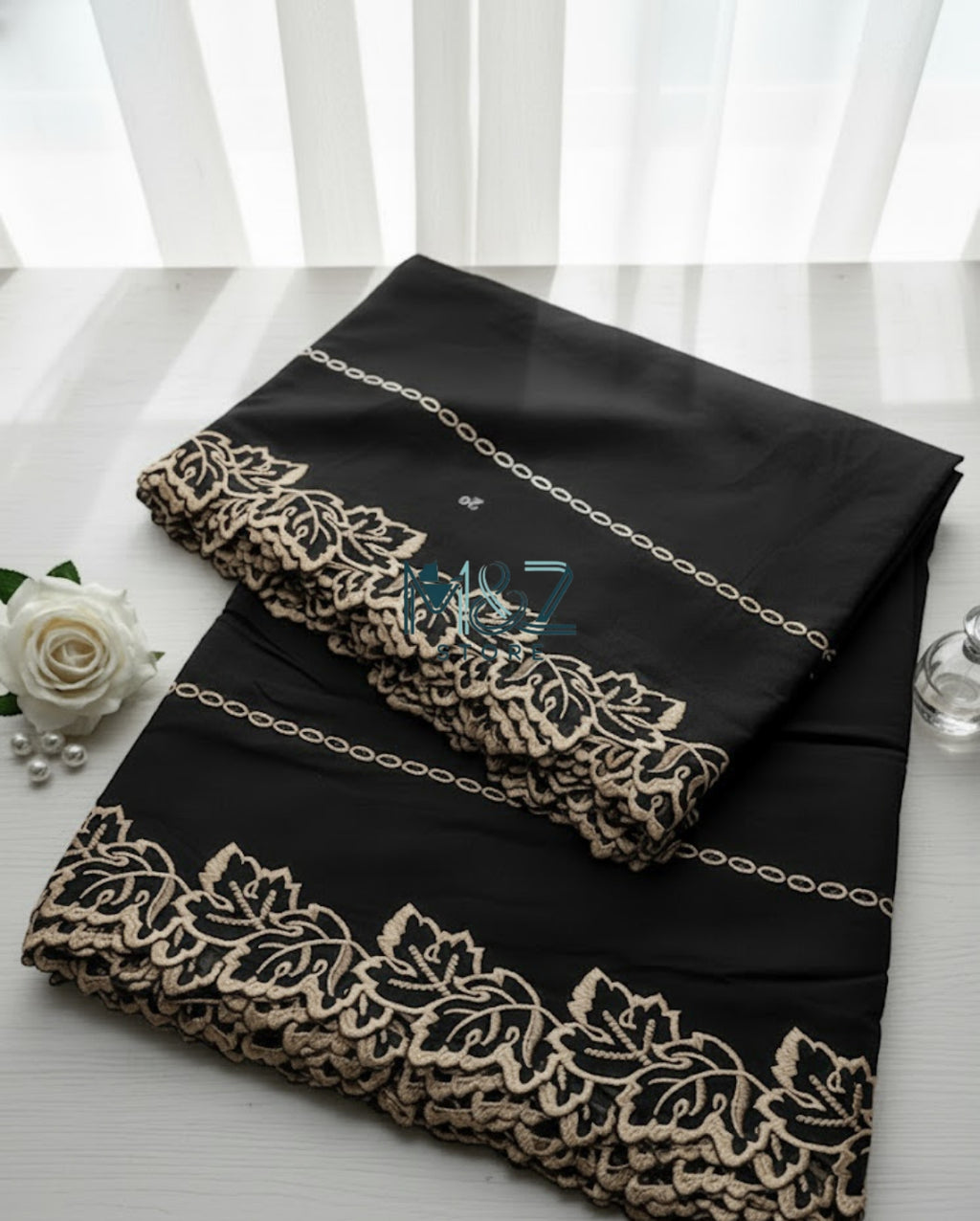 Voile Lawn black  Scalloped Dupatta with golden   Embroidery | black lawn Cutwork Dupatta