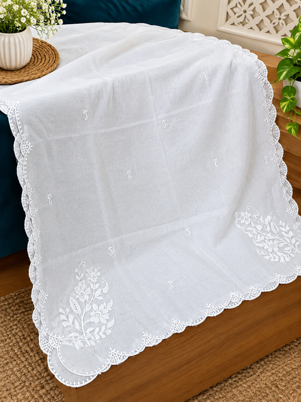 White Voile Lawn four Sided Scallop Dupatta with White Embroidery – Dyeable  2.75 yards