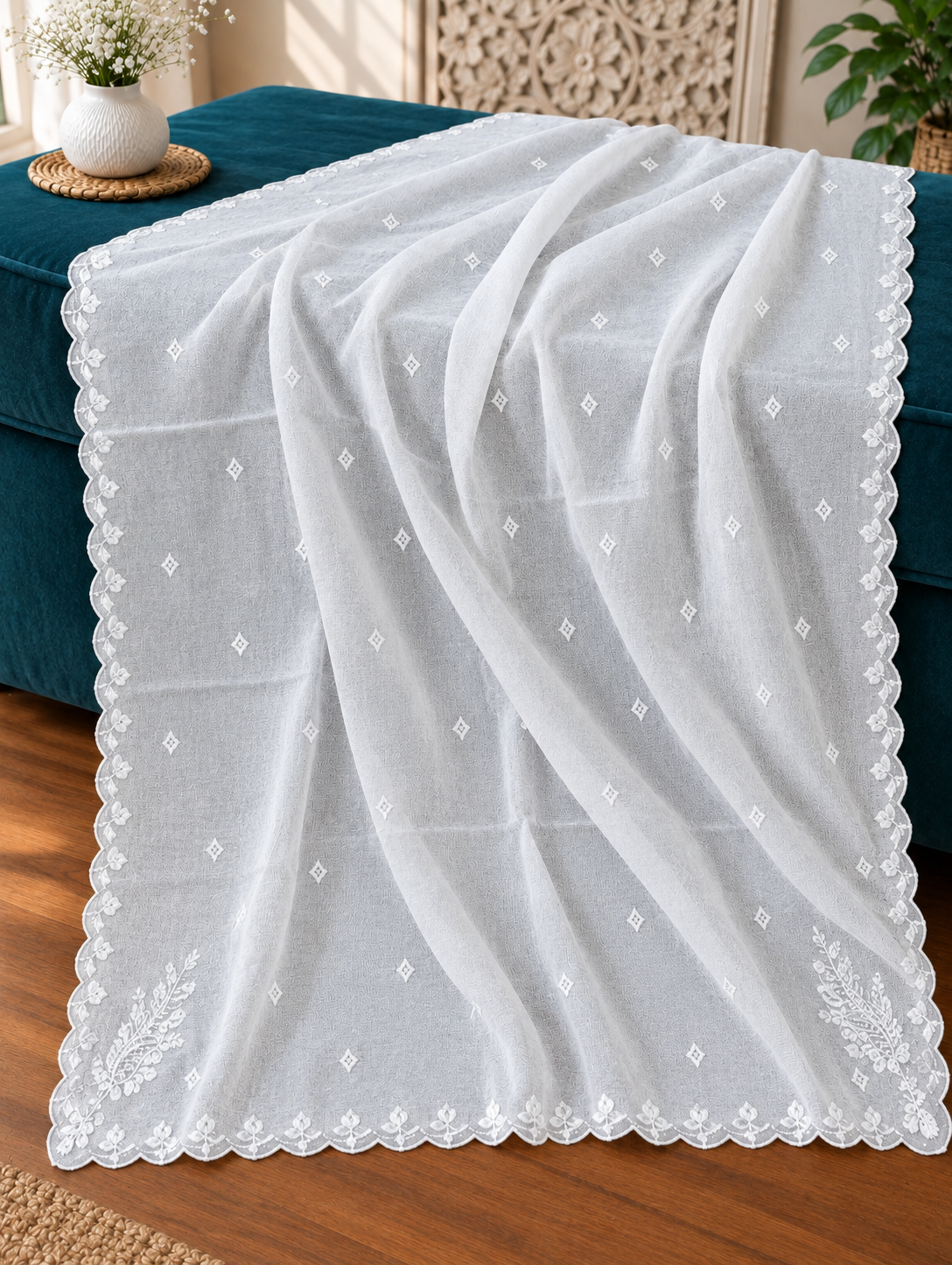 White Voile Lawn four Sided Scallop Dupatta with White Embroidery – Dyeable  2.75 yards