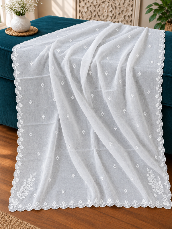 White Voile Lawn four Sided Scallop Dupatta with White Embroidery – Dyeable  2.75 yards