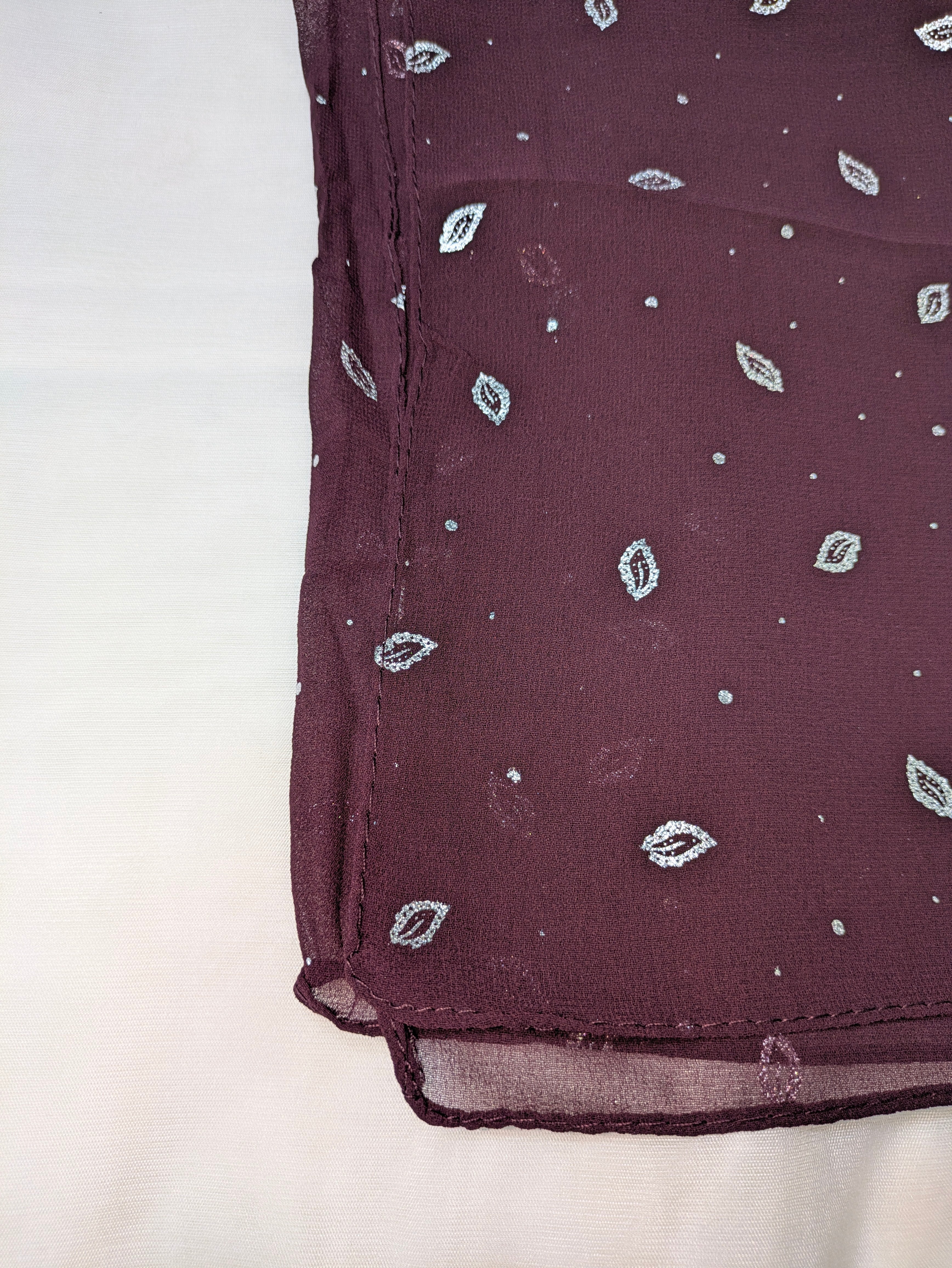 Georgette Chiffon Hijab Stole with Silver Leaf Foil Design - 2 Gaz