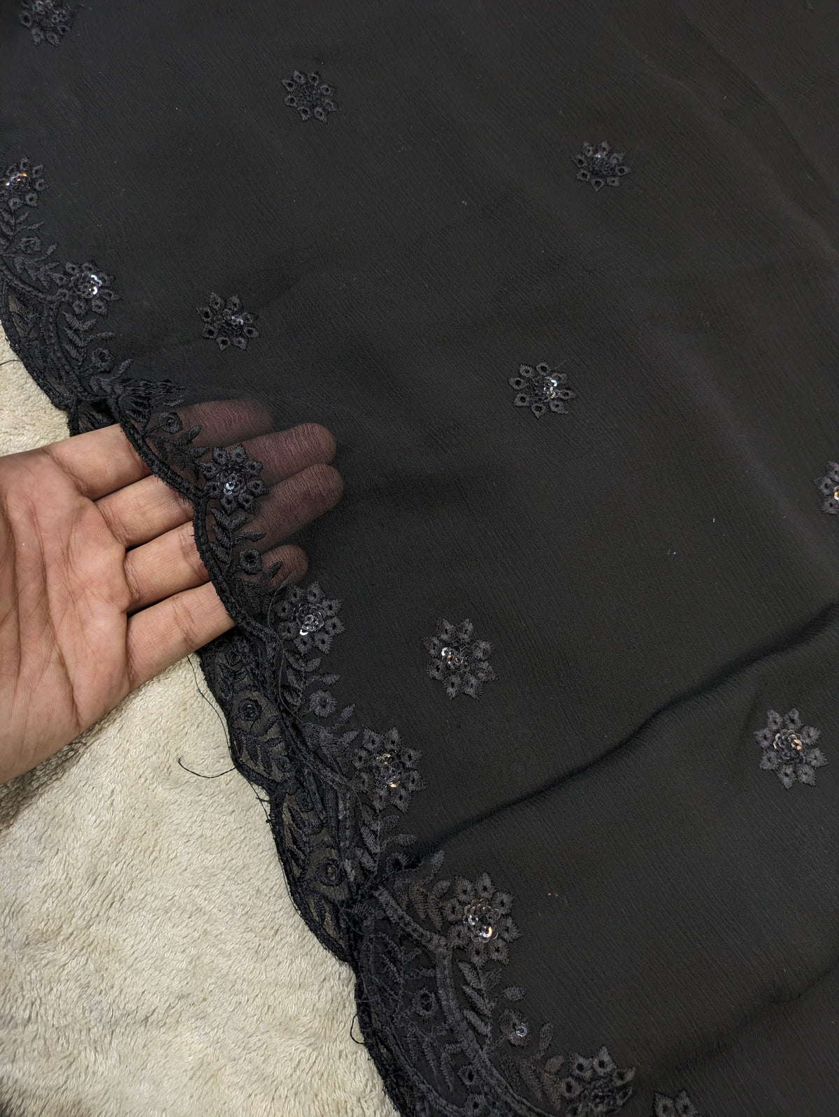 Elegant Black Chiffon Dupatta with Black Embroidery & Sequin Work – 2.3 Yards