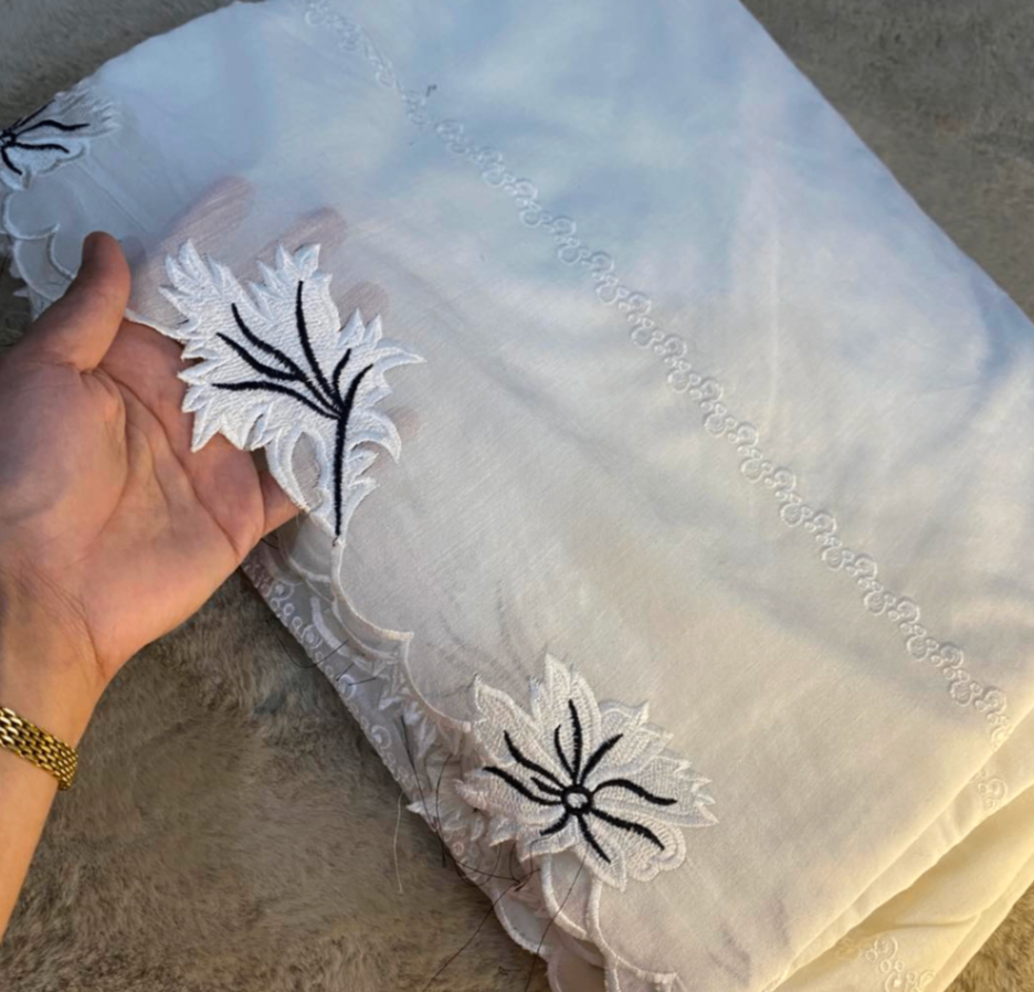 Voile Lawn white Scalloped Dupatta with black  Embroidery |  lawn Cutwork Dupatta