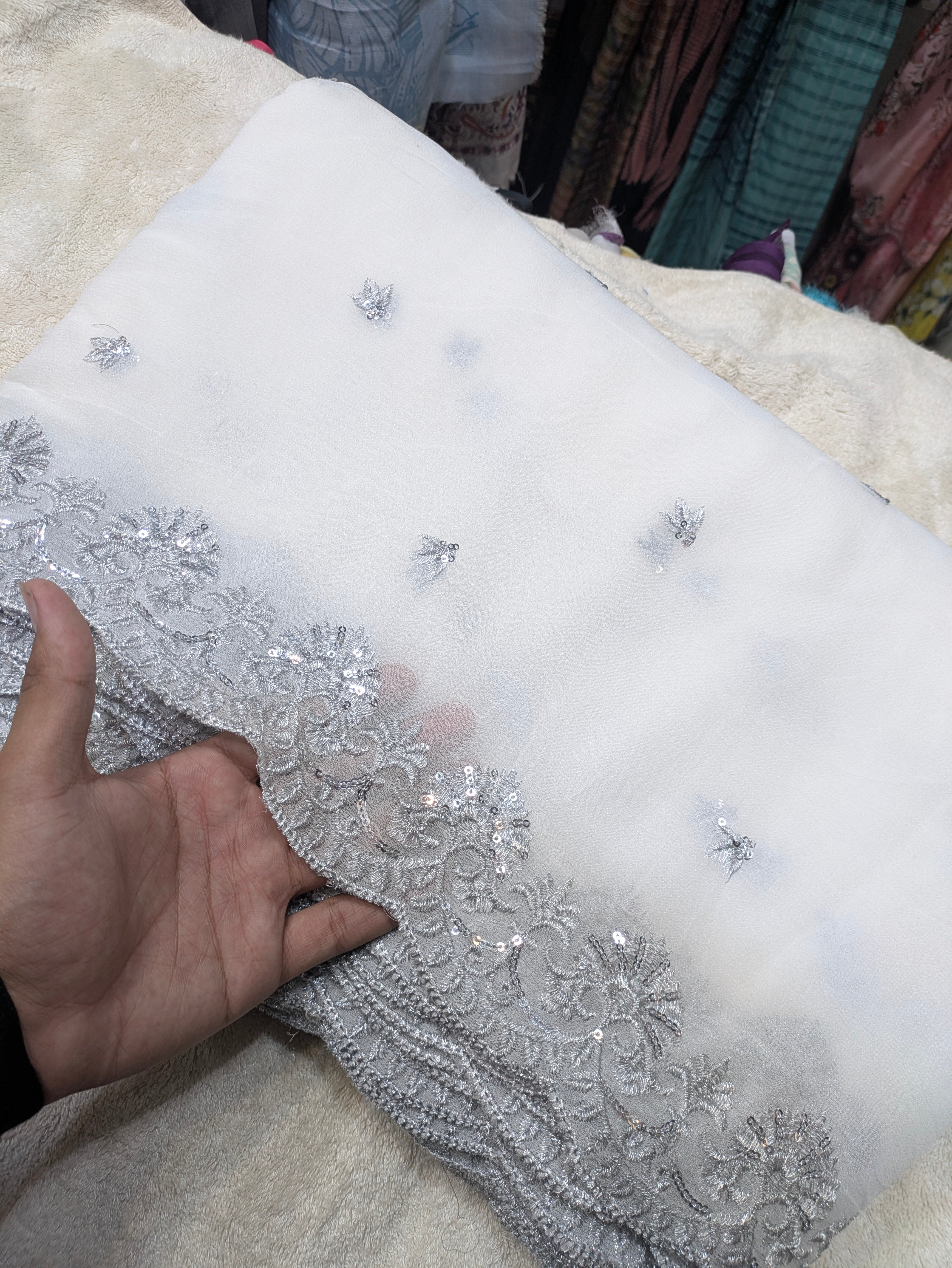 Premium Chiffon Dupatta with Two Side Silver Scallop Embroidery | Elegant Party Wear Dupatta | 2.5 Yards