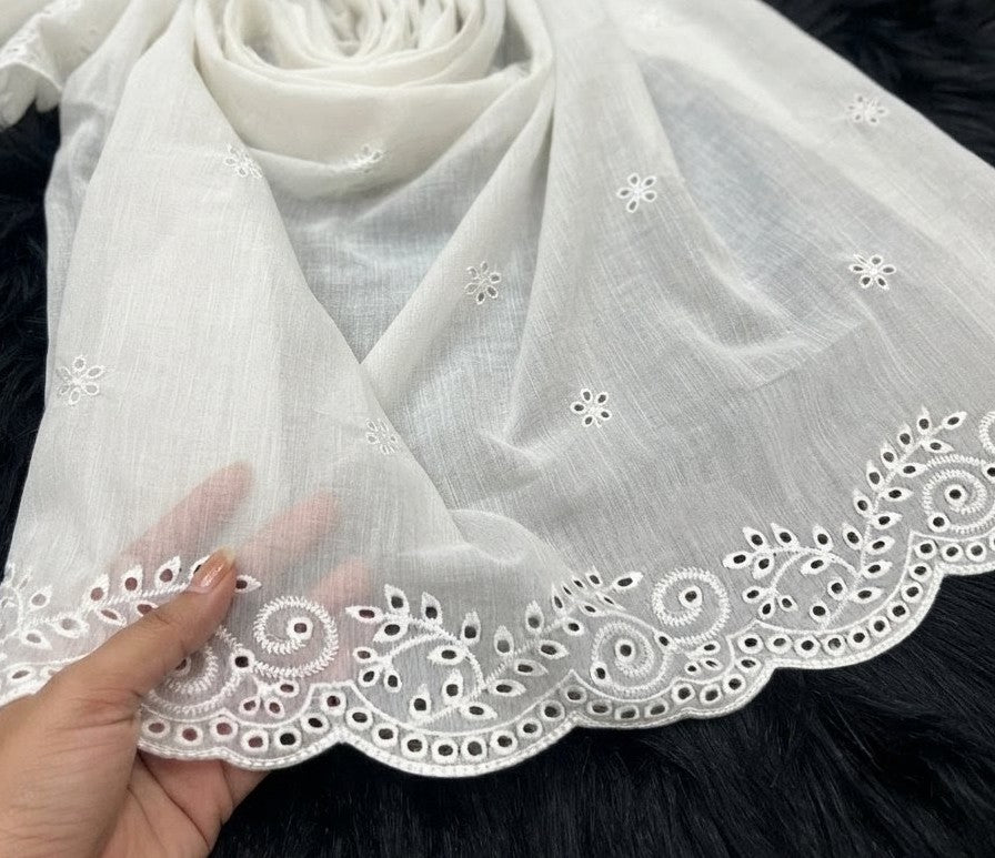 Voile Lawn white chicken Kaari Dupatta with White    Embroidery | white  lawn scallop Cutwork Dupatta