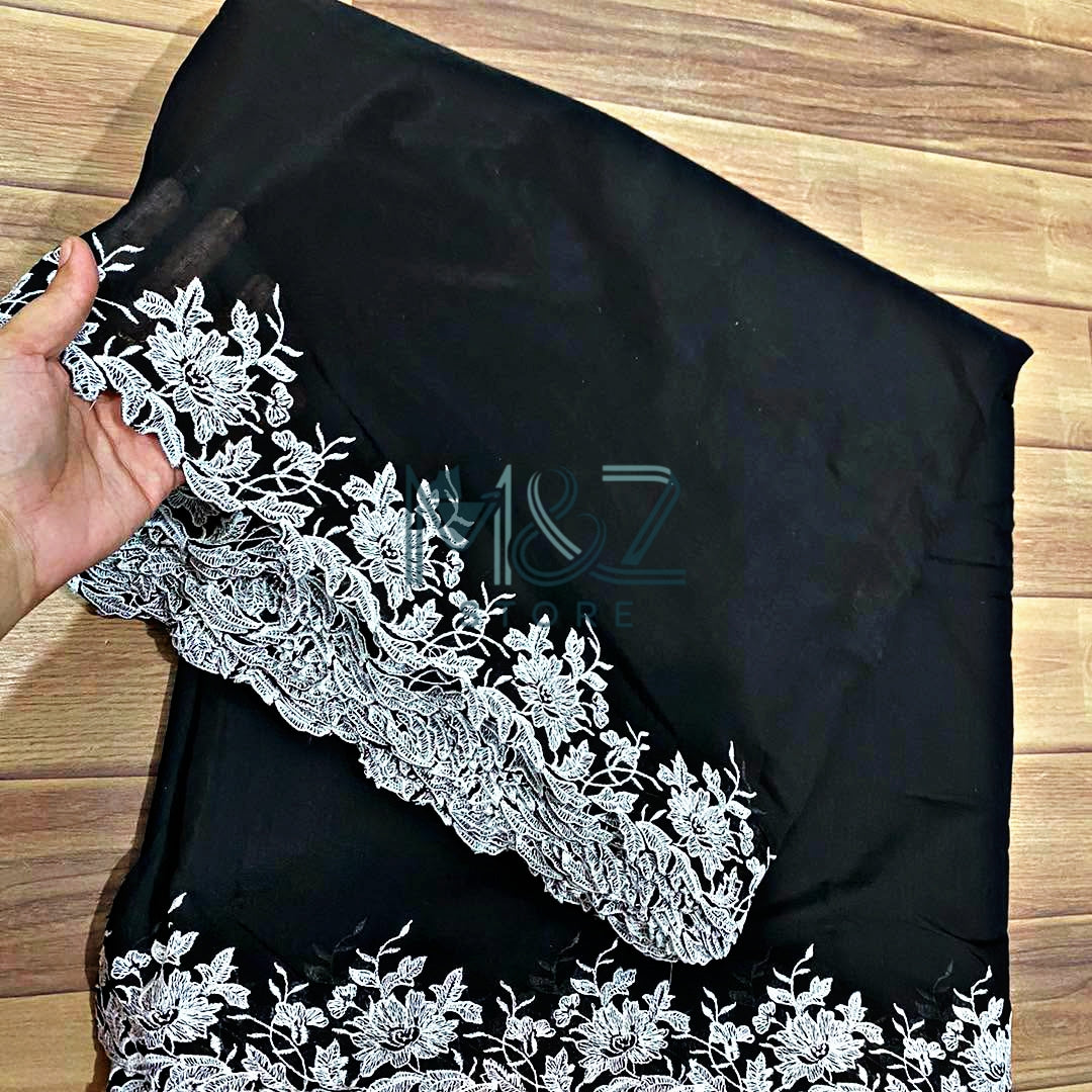 Voile Lawn black  Scalloped Dupatta with White  Embroidery | black  lawn Cutwork Dupatta