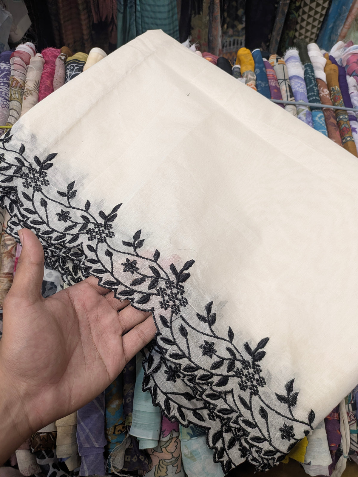Cream Voile Lawn Cutwork Dupatta with Black Scallop  Embroidery Border – 2.5 yards