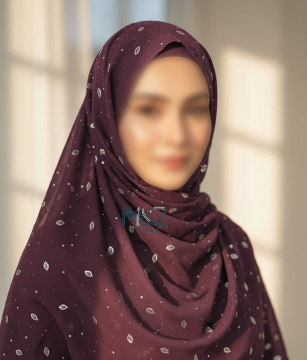 Georgette Chiffon Hijab Stole with Silver Leaf Foil Design - 2 Gaz