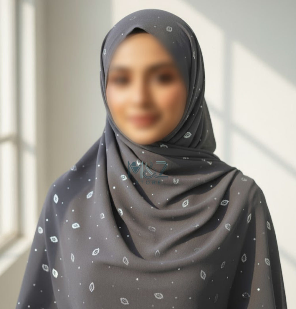 Georgette Chiffon Hijab Stole with Silver Leaf Foil Design - 2 Gaz