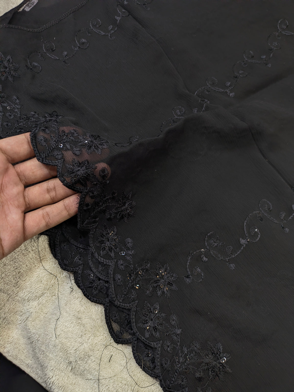 Elegant Black Chiffon Dupatta with Black Embroidery & Sequin Work – 2.3 Yards