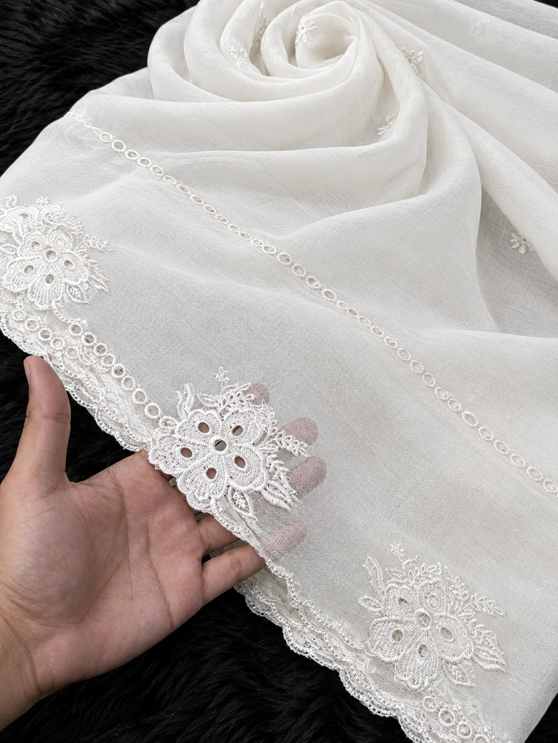 Semi Pure Chiffon White Scallop Embroidered Dupatta Diyable in all colors 2.5 yards length