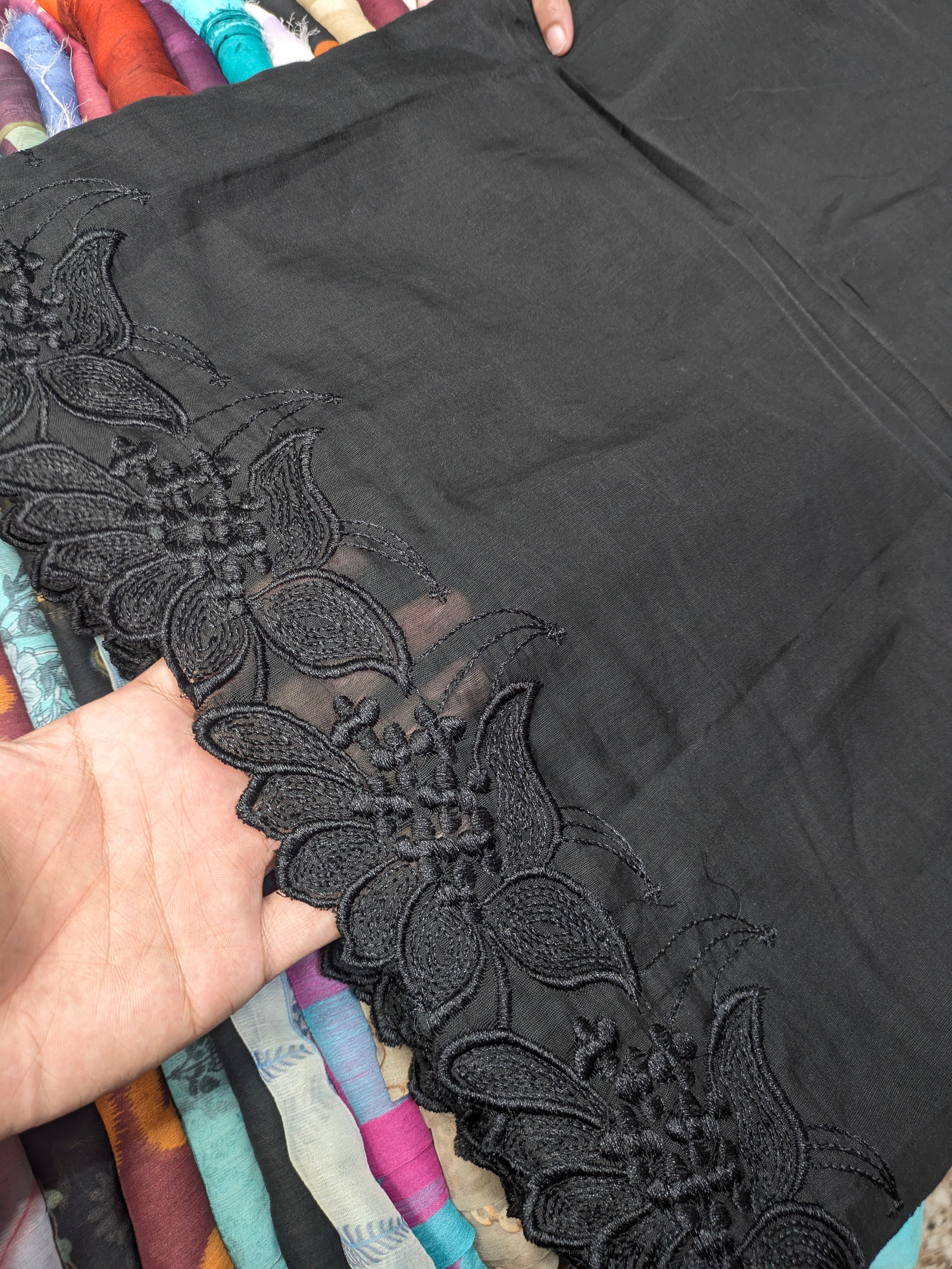 Voile Lawn black  Scalloped Dupatta with black    Embroidery | black lawn Cutwork Dupatta