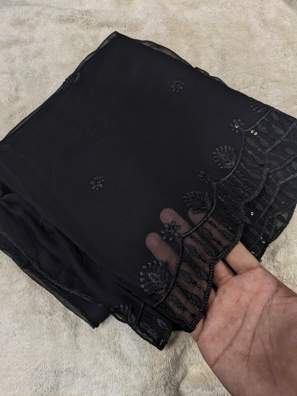 Elegant Black Chiffon Dupatta with Black Embroidery & Sequin Work – 2.3 Yards