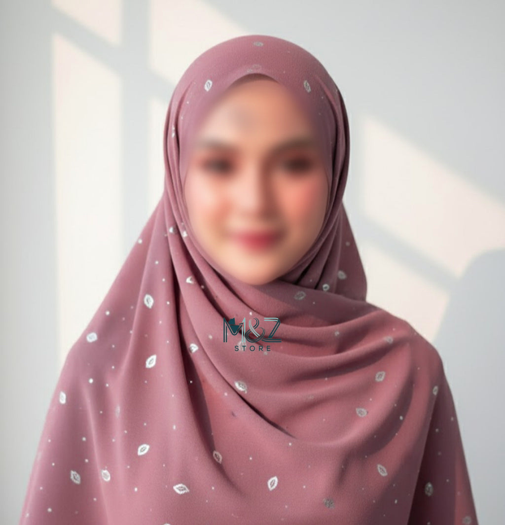 Georgette Chiffon Hijab Stole with Silver Leaf Foil Design - 2 Gaz
