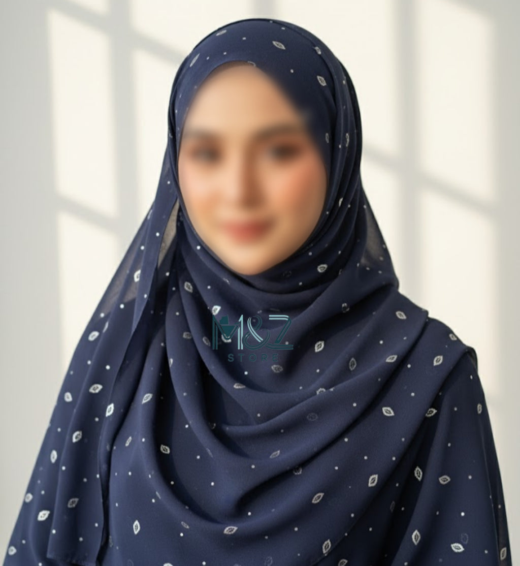 Georgette Chiffon Hijab Stole with Silver Leaf Foil Design - 2 Gaz