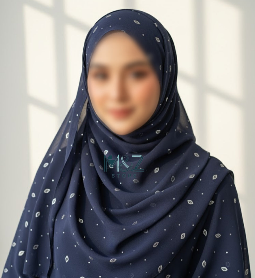 Georgette Chiffon Hijab Stole with Silver Leaf Foil Design - 2 Gaz