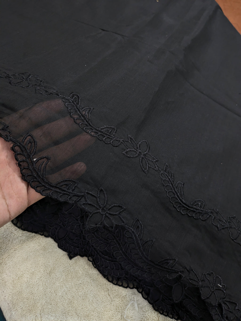 Voile Lawn black  Scalloped Dupatta with black    Embroidery | black lawn Cutwork Dupatta 2.5 yards length