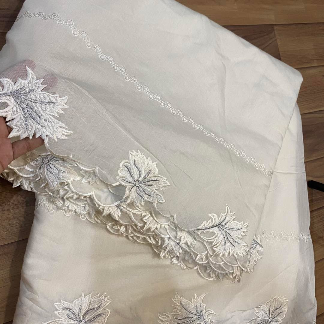 Voile Lawn white Scalloped Dupatta with silver  Embroidery |  lawn Cutwork Dupatta