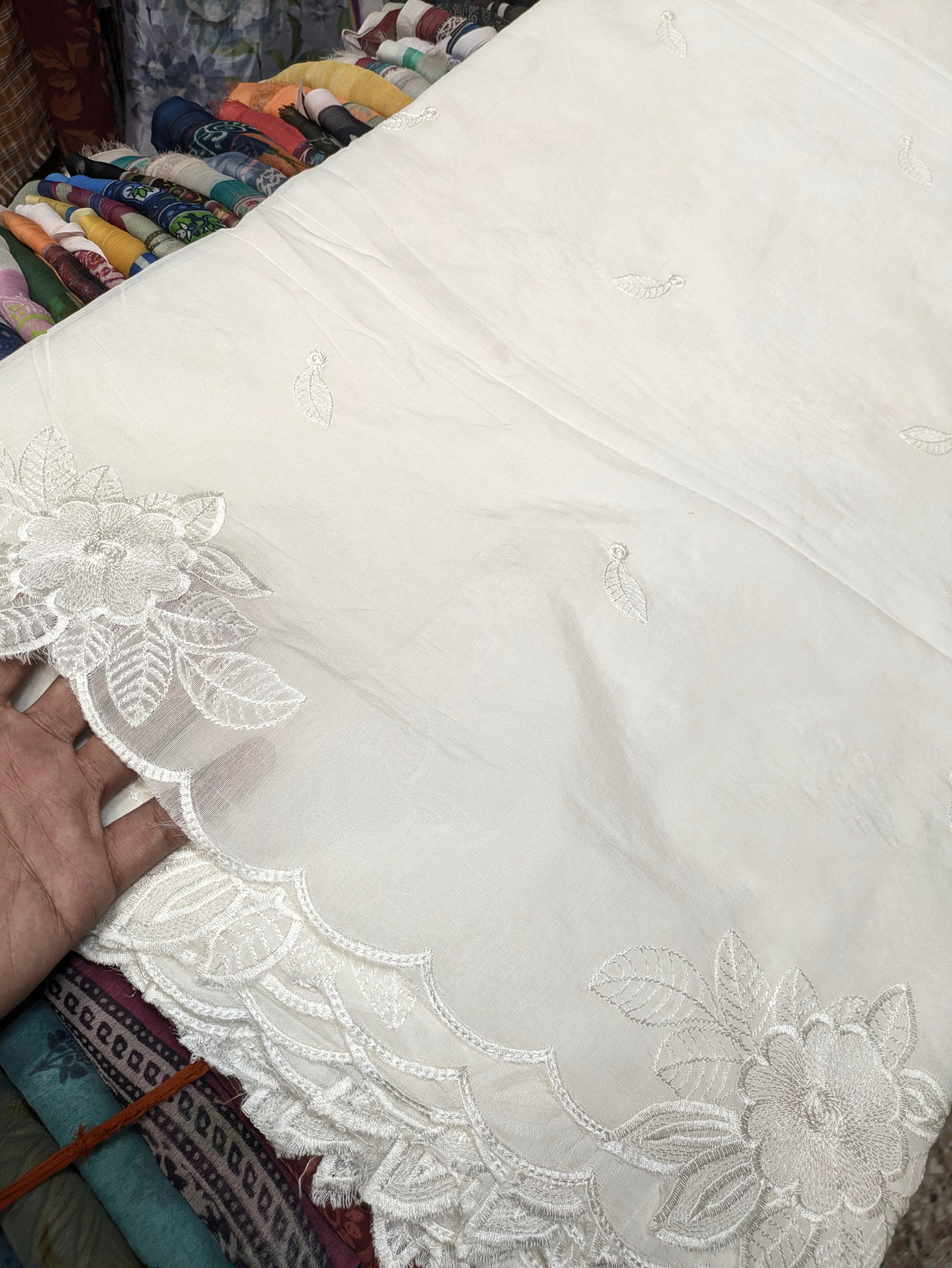 Voile Lawn Scalloped Dupatta with White Embroidery | white lawn Cutwork Dupatta