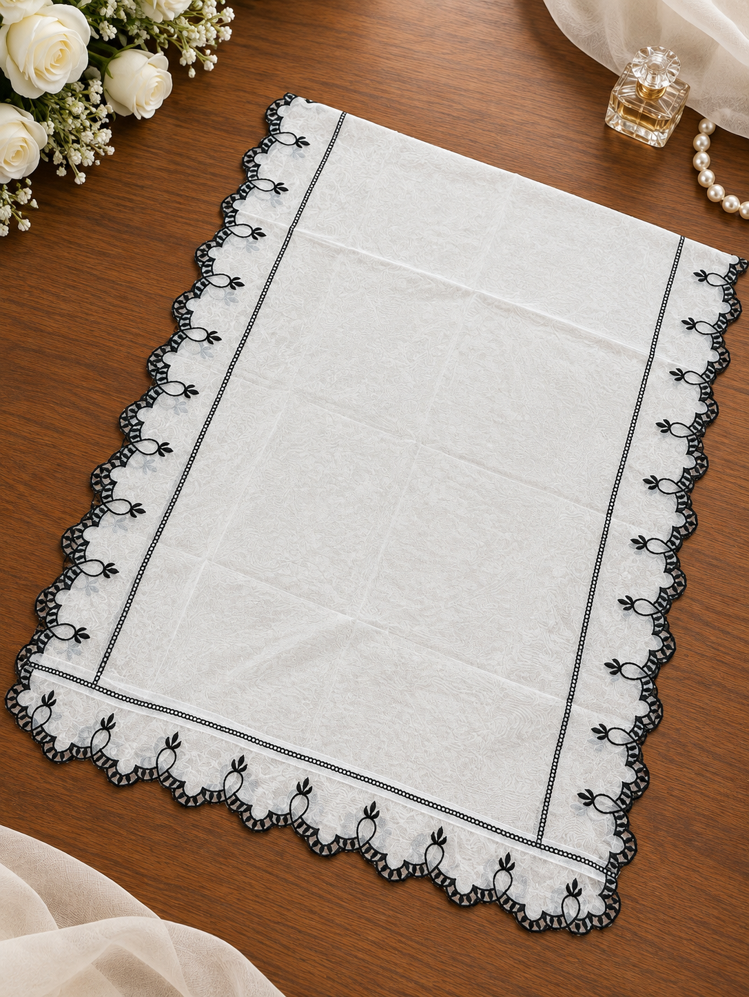 White Organza Dupatta with Black Scallop Four Side Embroidery – 2.5 Yards