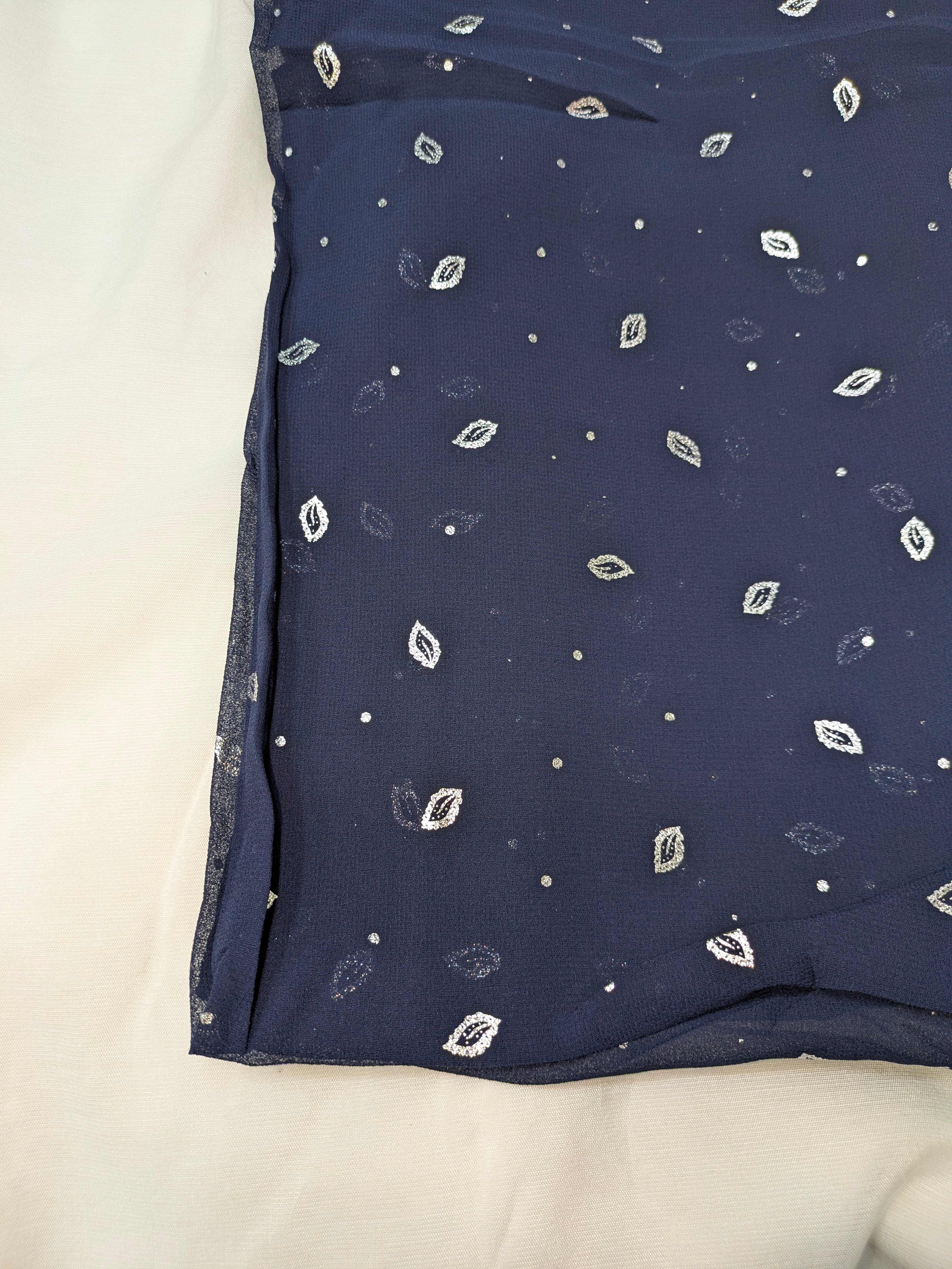 Georgette Chiffon Hijab Stole with Silver Leaf Foil Design - 2 Gaz