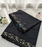 Voile Lawn black  Scalloped Dupatta with golden   Embroidery | black lawn Cutwork Dupatta