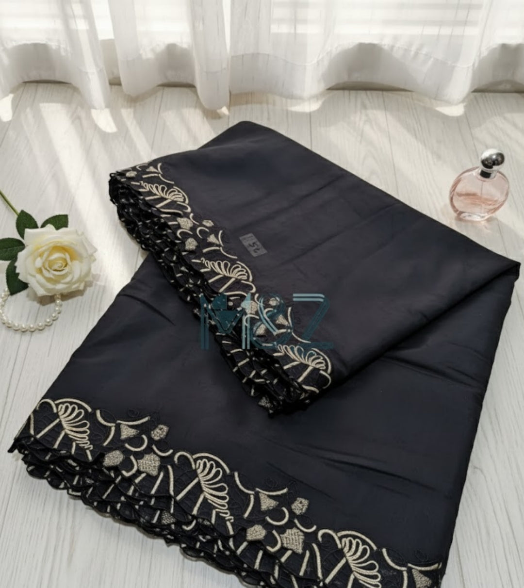 Voile Lawn black  Scalloped Dupatta with golden   Embroidery | black lawn Cutwork Dupatta