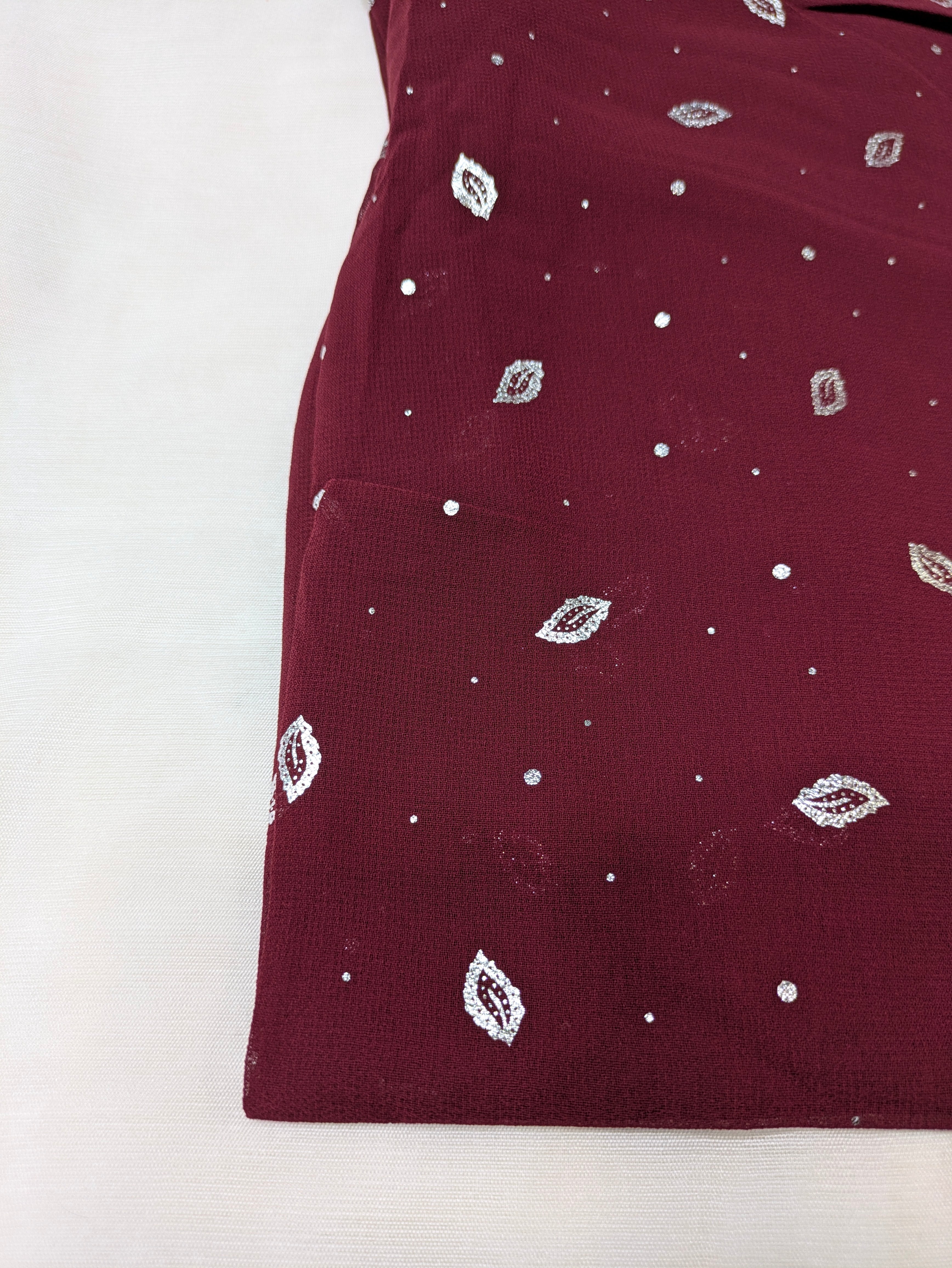 Georgette Chiffon Hijab Stole with Silver Leaf Foil Design - 2 Gaz
