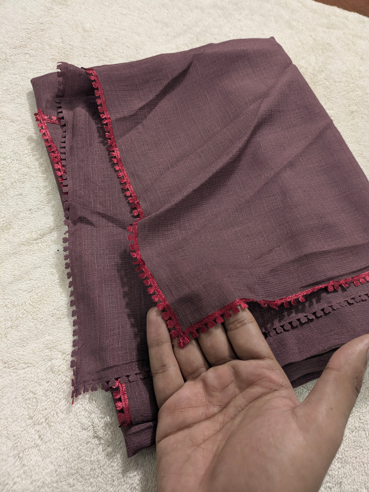 Premium Soft Lawn Hijab with Four Side Lace & Textured Fabric – 2 Yards