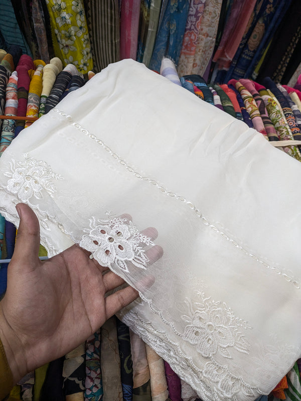 Semi Pure Chiffon White Scallop Embroidered Dupatta Diyable in all colors 2.5 yards length