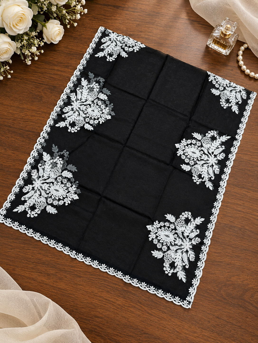 Black Organza Dupatta with White Embroidery