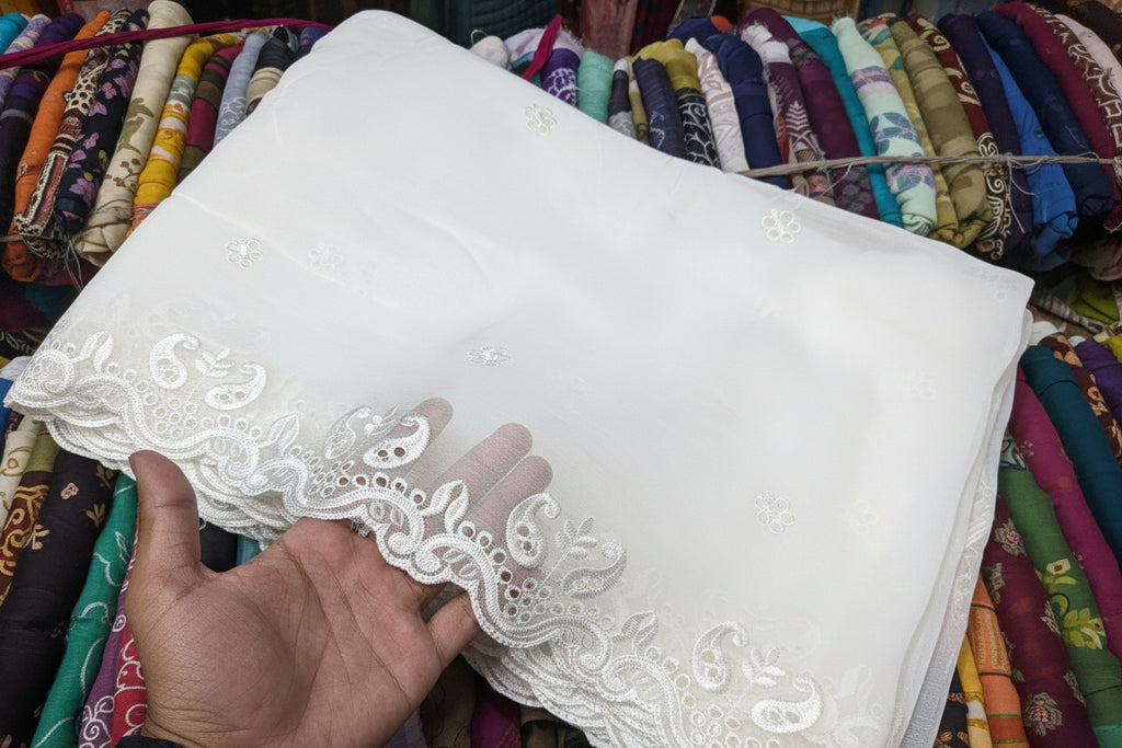 Semi Pure Chiffon White Scallop Embroidered Dupatta Diyable in all colors 2.5 yards length