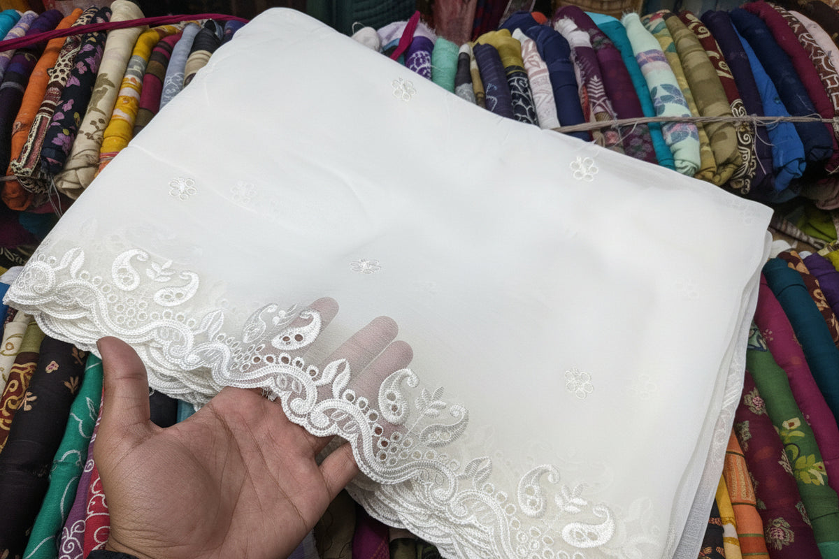 Semi Pure Chiffon White Scallop Embroidered Dupatta Diyable in all colors 2.5 yards length