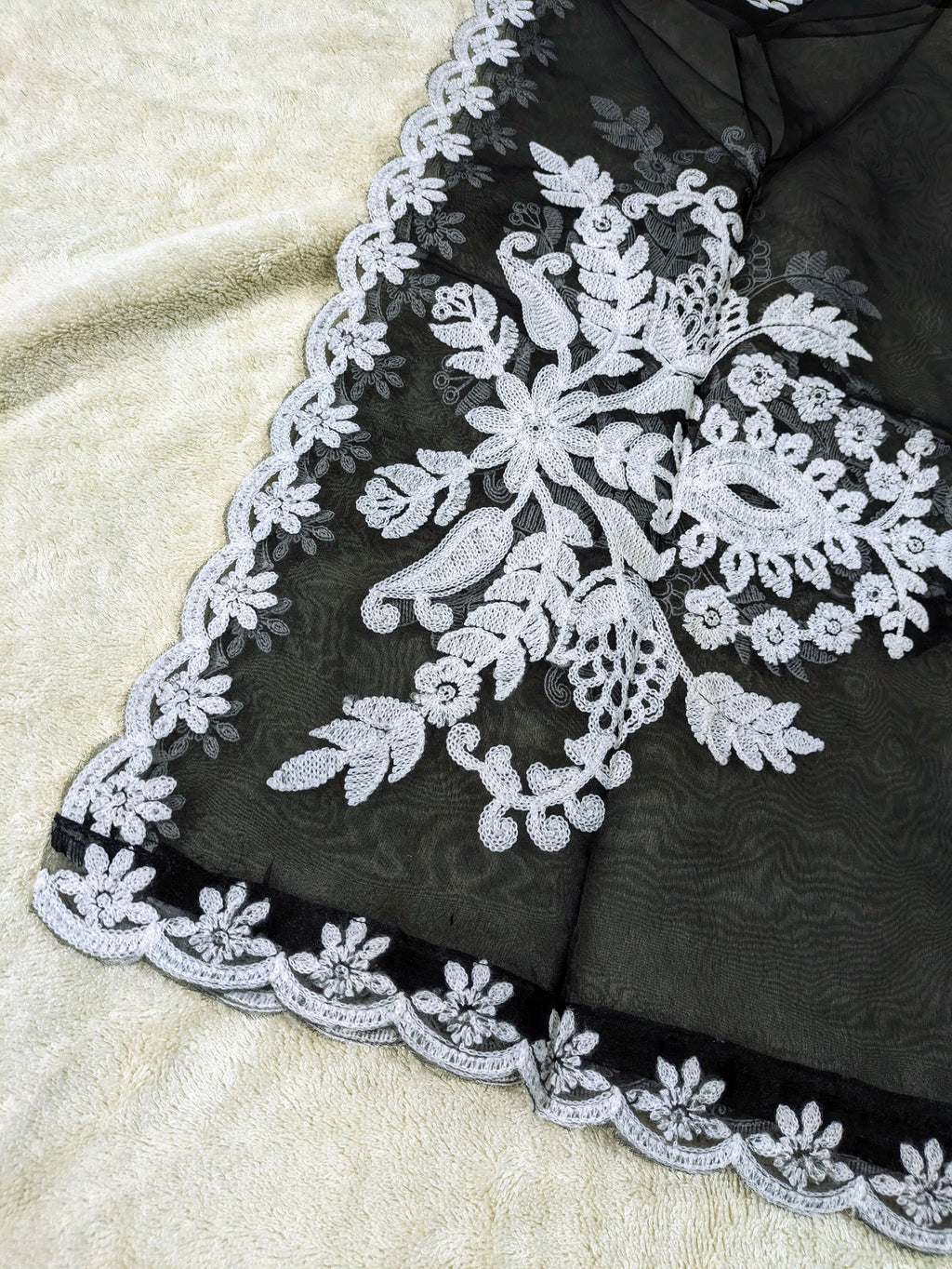 Black Organza Dupatta with White Embroidery