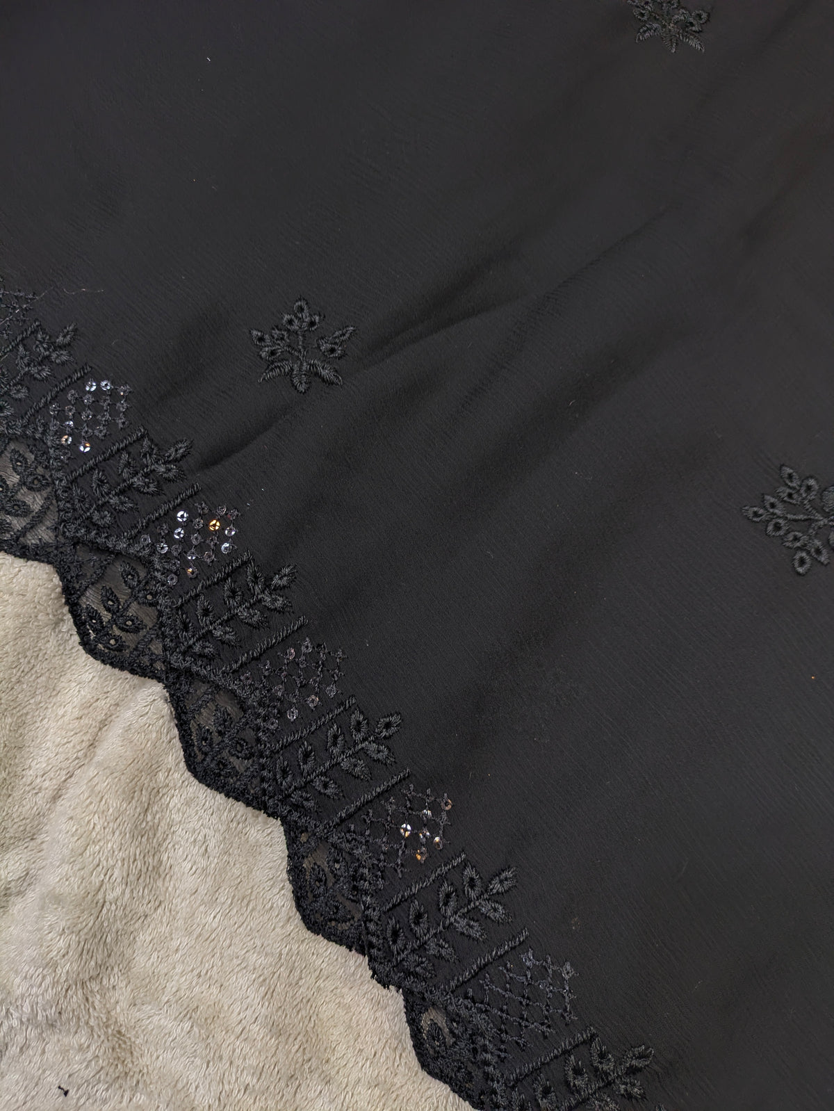 Elegant Black Chiffon Dupatta with Black Embroidery & Sequin Work – 2.3 Yards
