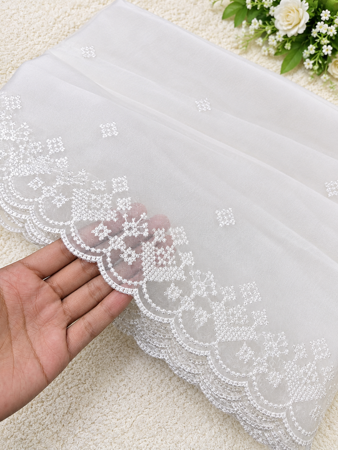 Organza White Scallop Dupatta  Organza Embroided Dupatta Diyable In All colors - 2.5 yards